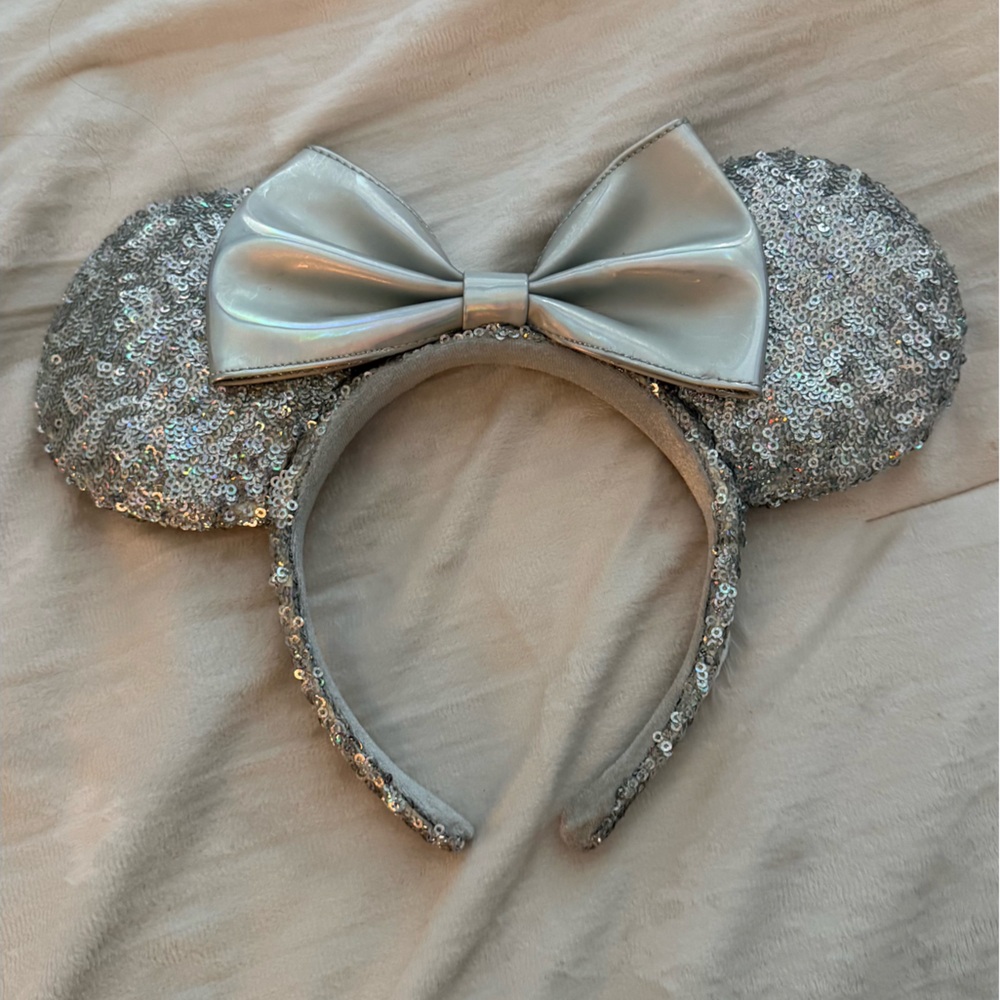 Silver Sequin Mouse Ears Headband with Bow